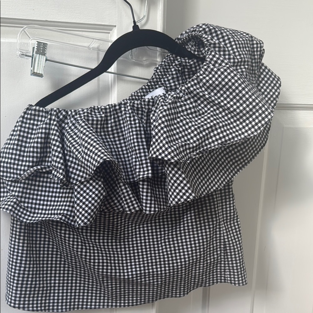 Misa Los Angeles Black and White Asymmetrical Ruffled Blouse